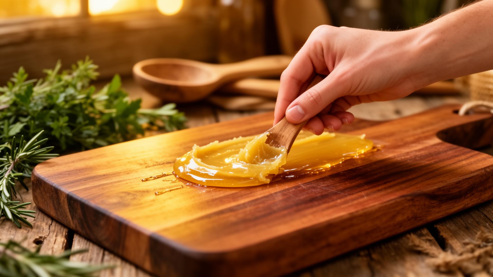 Handcrafted beeswax wood care paste being applied to a cutting board